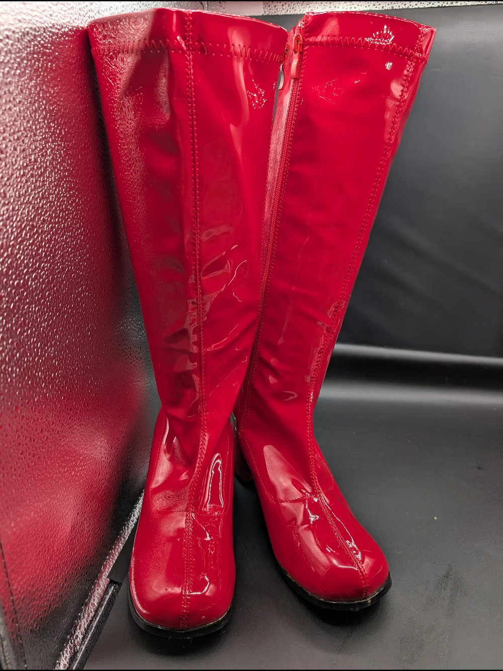 Red Patent Knee-High Block Heel Boots